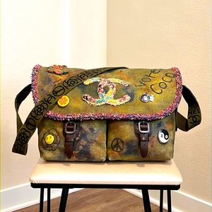 Chanel Green Canvas Large Messenger Bag